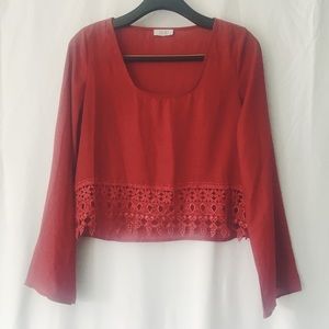 Tobi Long Bell Sleeve Crop Top with Lace Trim